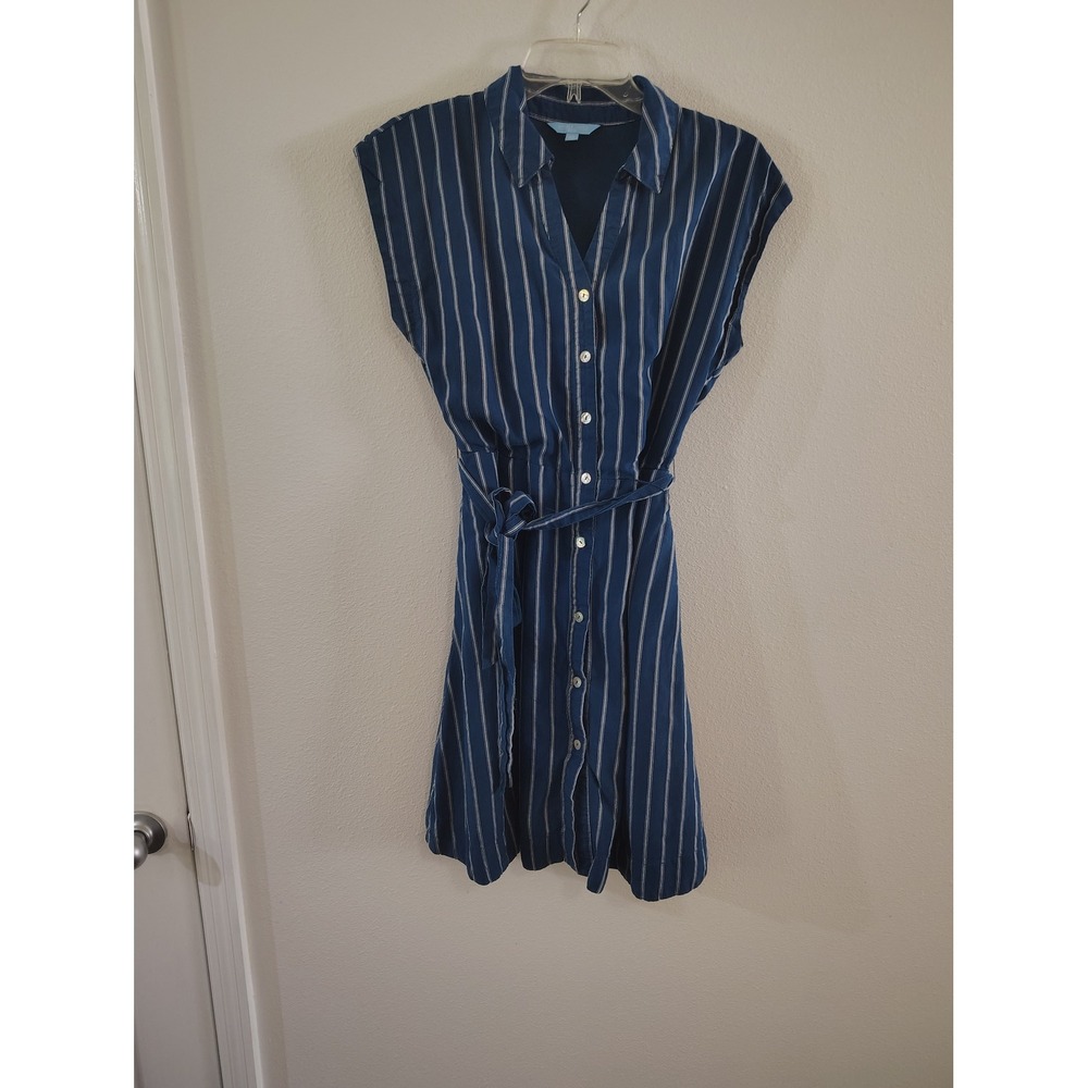 Draper James RSVP Navy Blue White Striped Sleeveless Belted Shirt Dress XS